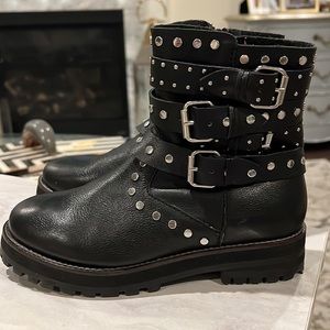 Zara kids black leather biker motorcycle studded boots size big girls 35